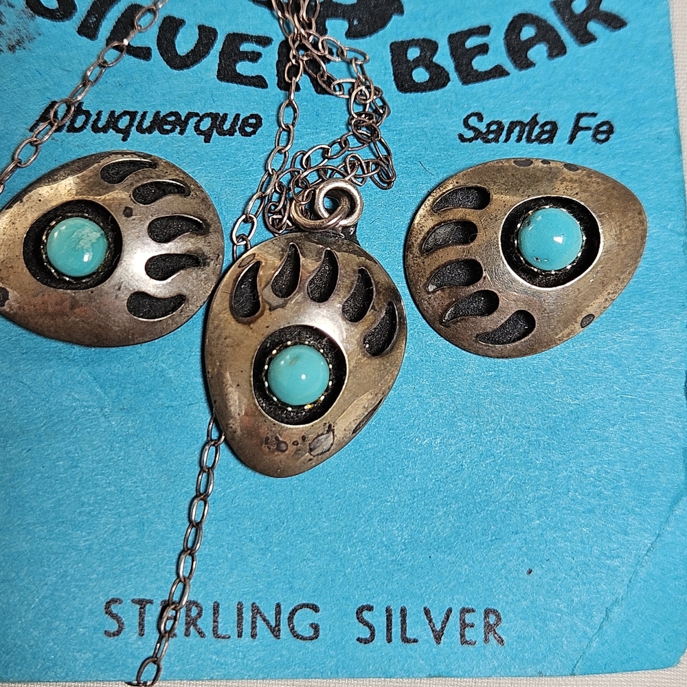 Vintage Native American Hopi Zuni bear paw earrings / pendant necklace sterling